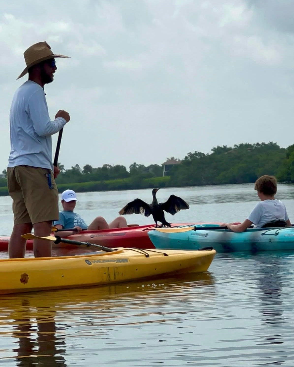 Man in a yellow kayak with a bird on the water, surrounded by trees and people in kayaks.